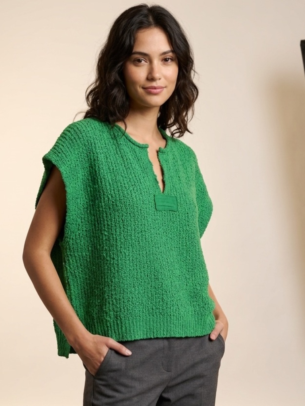 ILLA‎ ILLA Patch Sleeveless Kelly Green Oversized Boxy V-Neck Chunky Sweater S